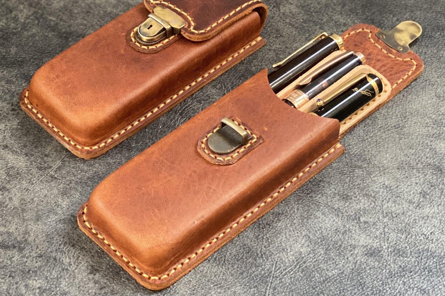 The Old School - Leather Molded Pen Case for 3 Pens - Distressed Leather