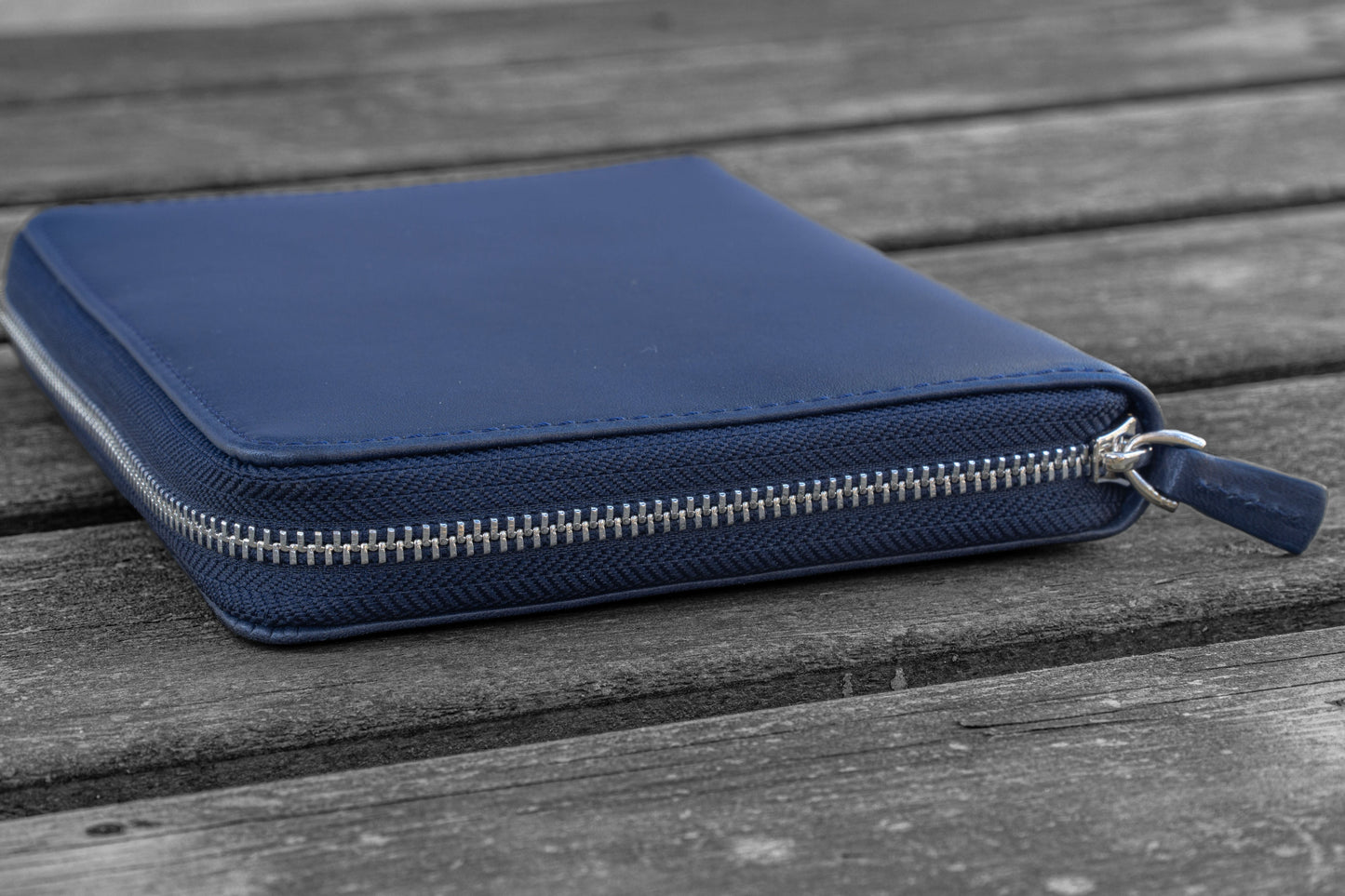 Leather Zippered 5 Slots Pen Case - Navy Blue