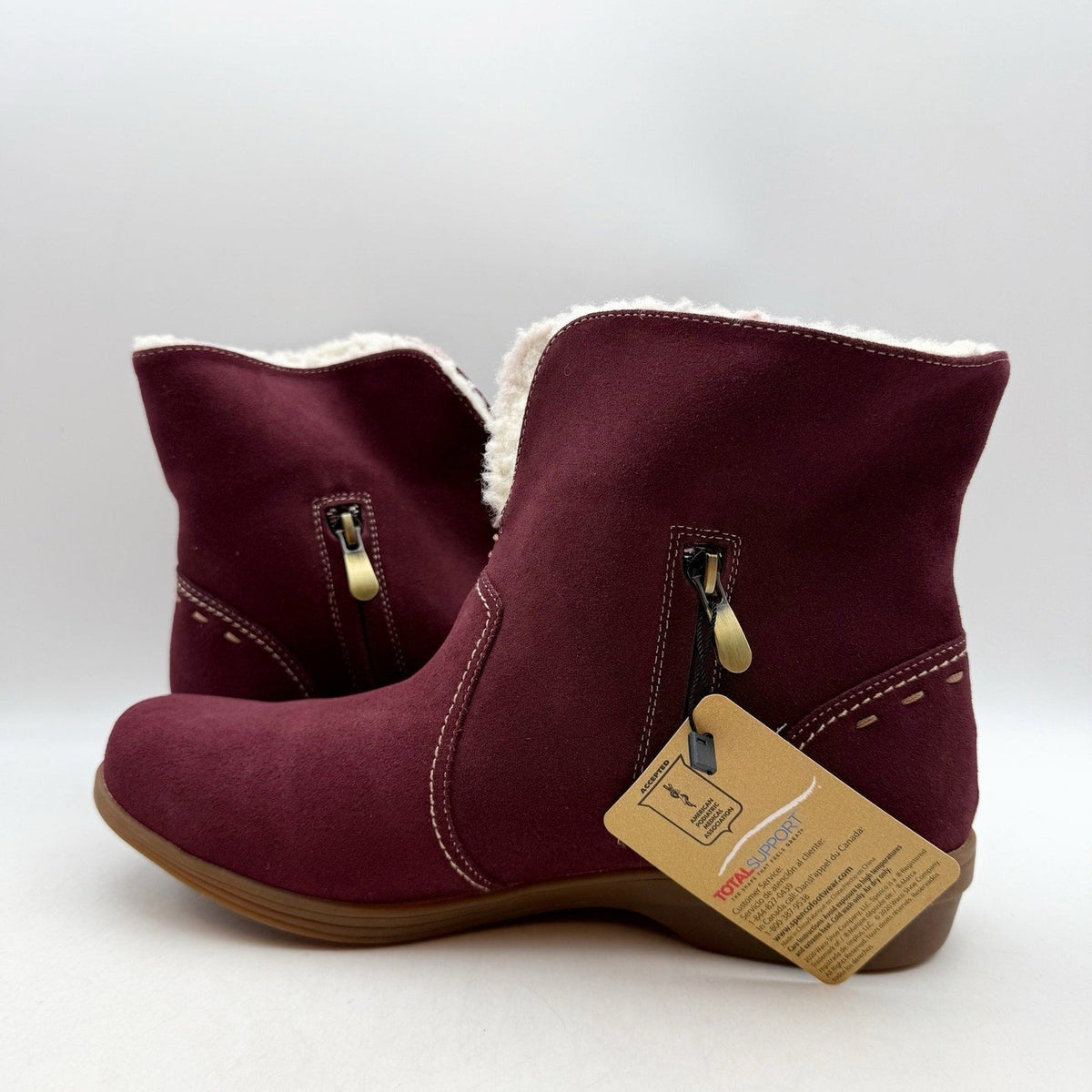 Spenco Womens Sun Valley Ankle Boots Size 6.5 Red Burgundy Suede Sherpa Line NIB