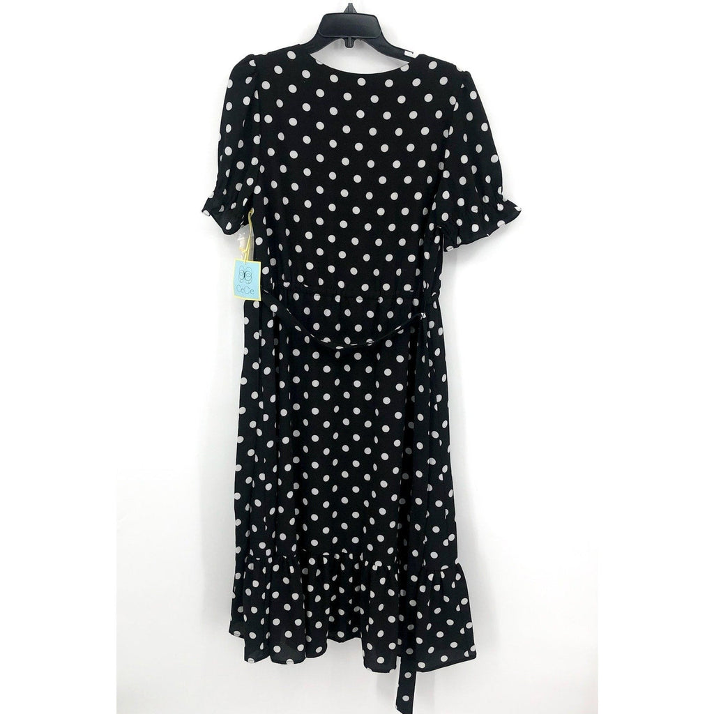 CECE Womens Polka Dot Midi Dress Size 12 Black White Tie Waist Button Front NWT