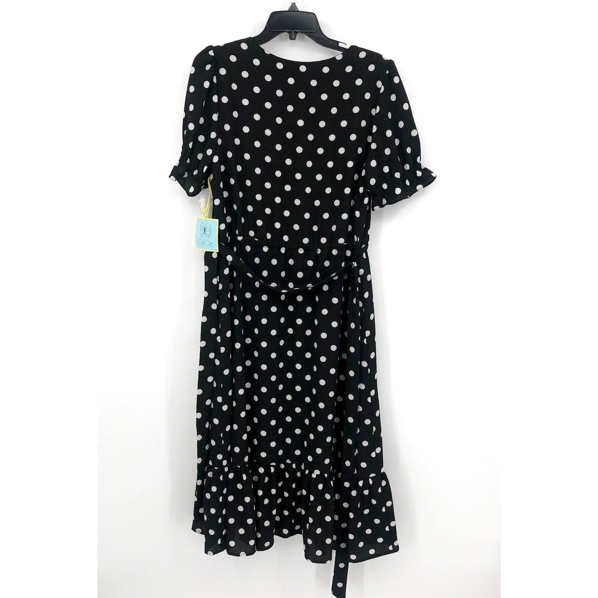 CECE Womens Polka Dot Midi Dress Size 12 Black White Tie Waist Button Front NWT
