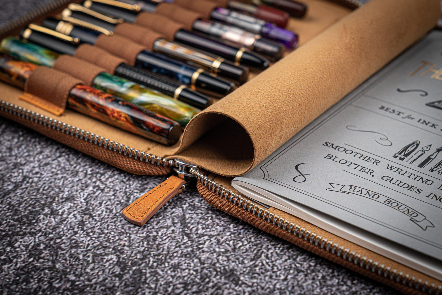 Leather Zippered 10 Slots Pen Case with A5 Notebook Holder - Crazy Horse Brown