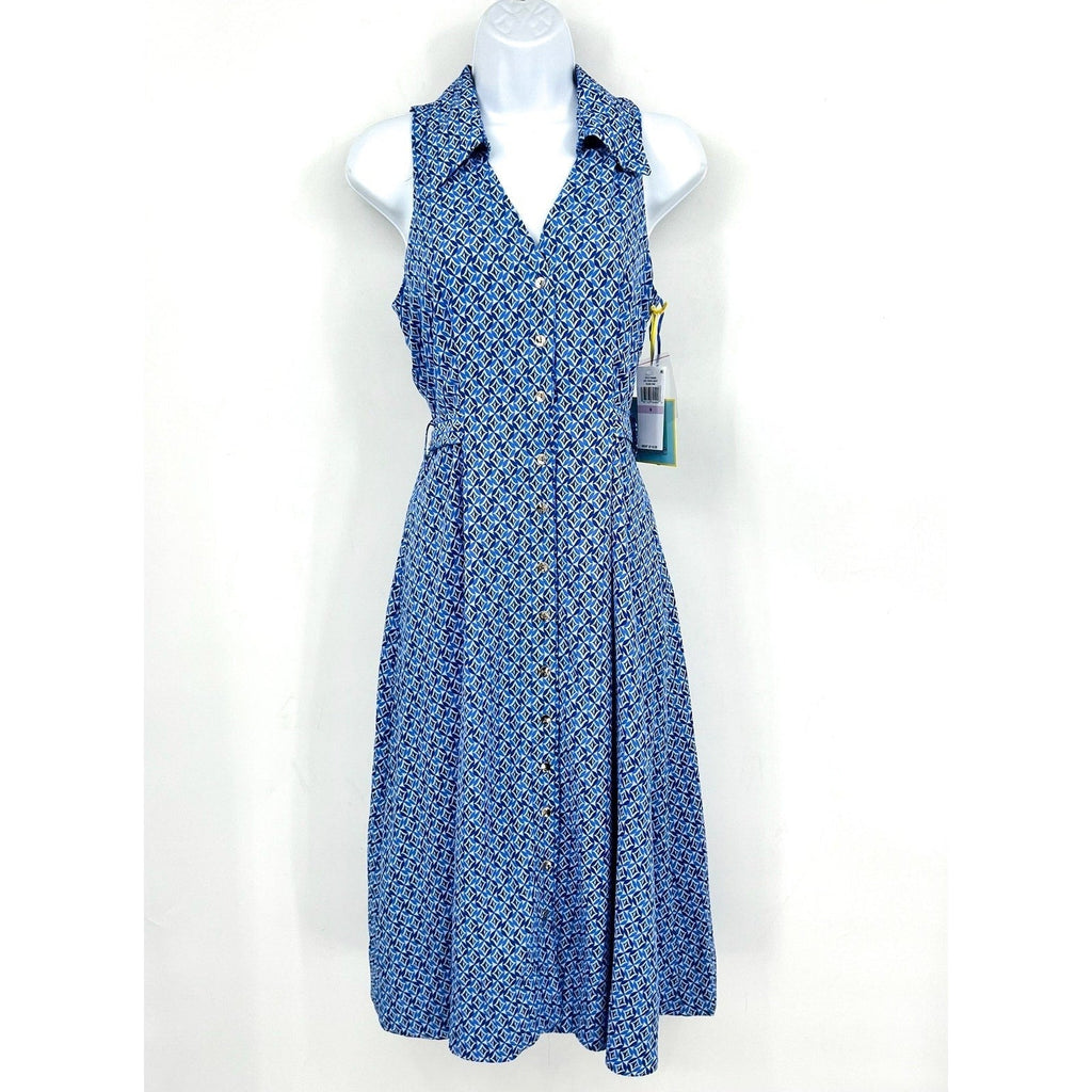 CECE Midi Shirt Dress Size 6 Blue Print Sleeveless V-Neck Belted Waist NWT