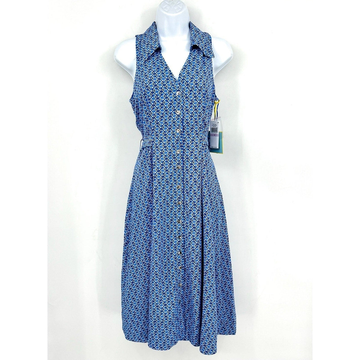 CECE Midi Shirt Dress Size 6 Blue Print Sleeveless V-Neck Belted Waist NWT