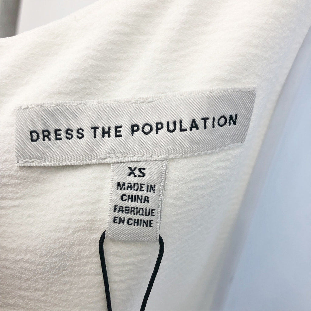 DRESS THE POPULATION Rory Midi Sheath Dress XS Off White Fringe Hem NWT