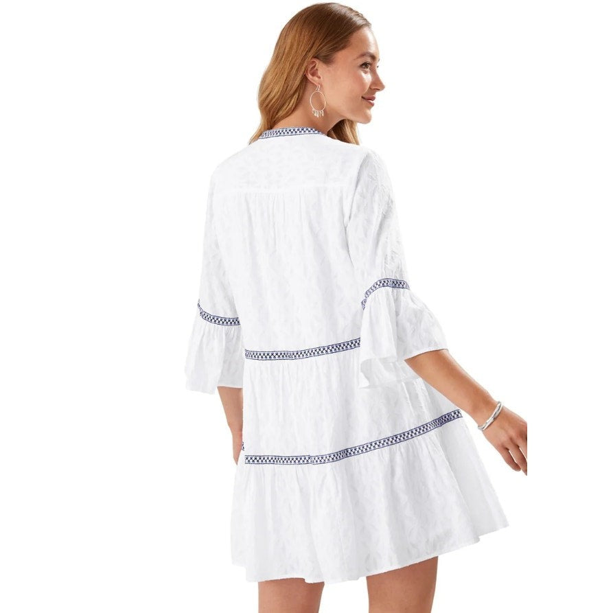 TOMMY BAHAMA Cotton Clip Embroidered Tier Coverup Dress XL White Jacquard NWT
