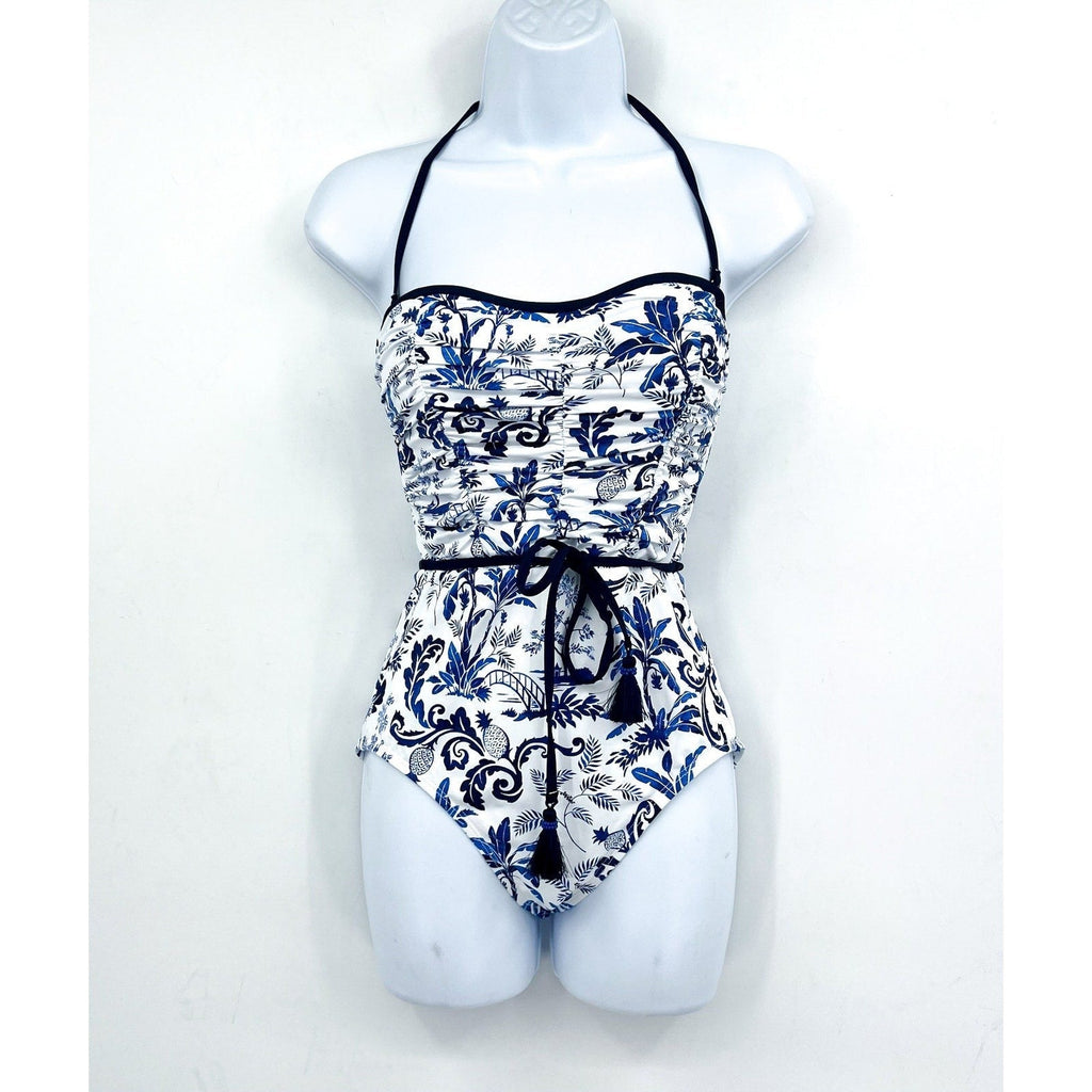 TOMMY BAHAMA Terrazzo Tile Bandeau One Piece Swimsuit Size 4 Blue Floral NWT