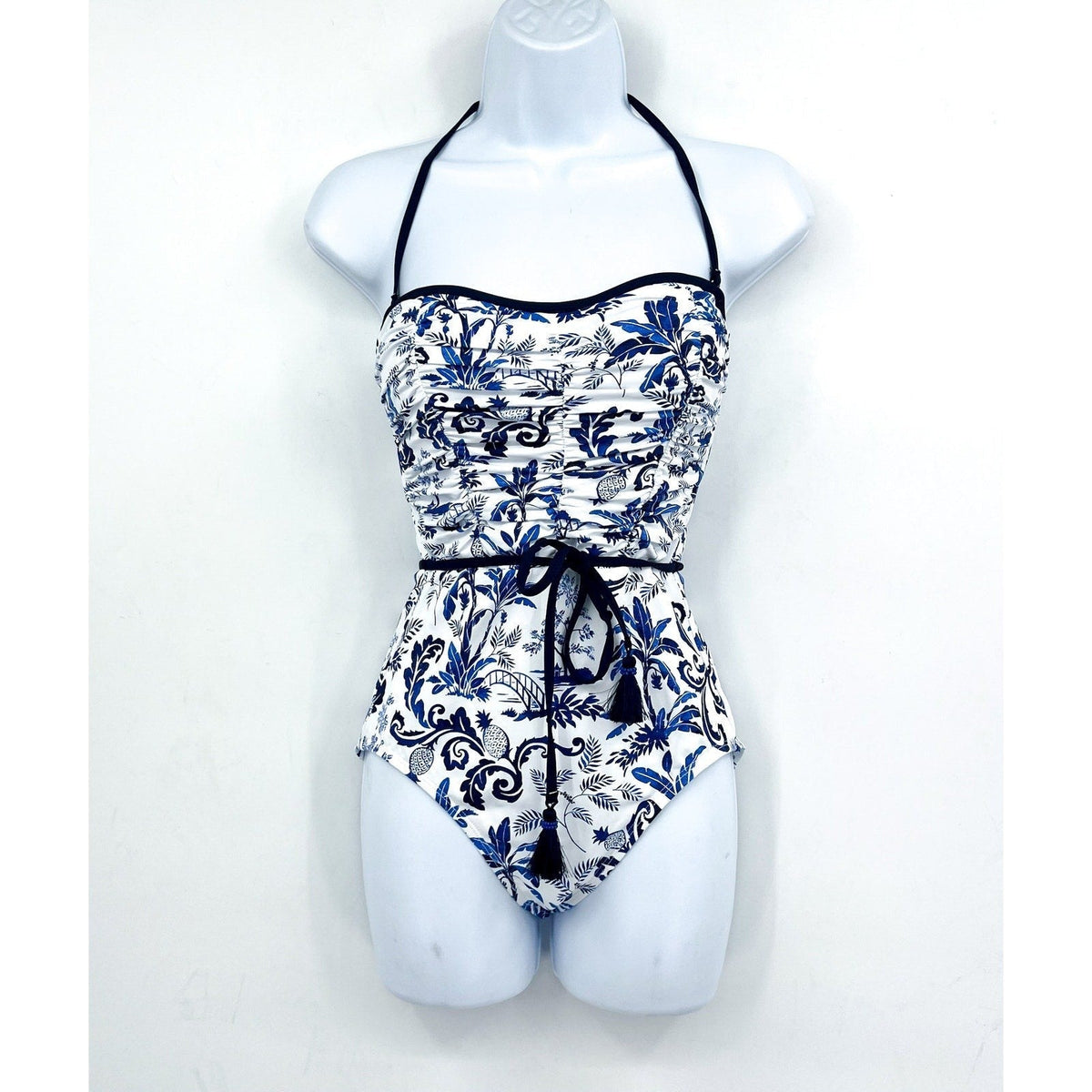 TOMMY BAHAMA Terrazzo Tile Bandeau One Piece Swimsuit Size 4 Blue Floral NWT