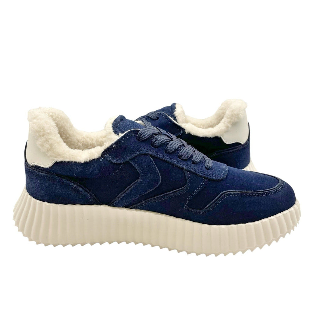 Steve Madden Womens Shereen-Fur Lined Sneakers Size 7.5 Navy Blue Suede NIB