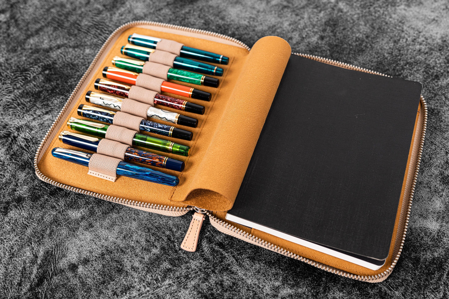 Leather Zippered 10 Slots Pen Case with A5 Notebook Holder - Undyed Leather