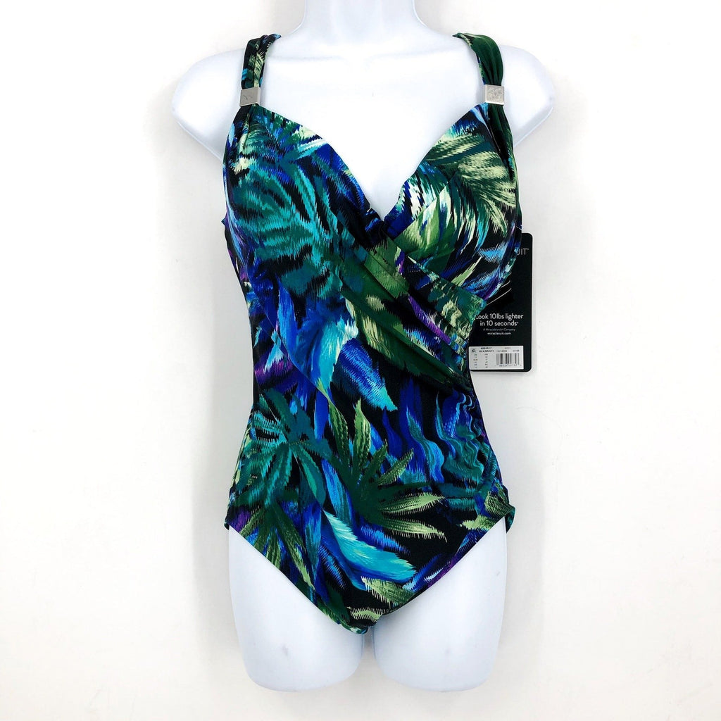 MIRACLESUIT Women's Siren One Piece Swimsuit Size 12 Useppa Blue Black NWT