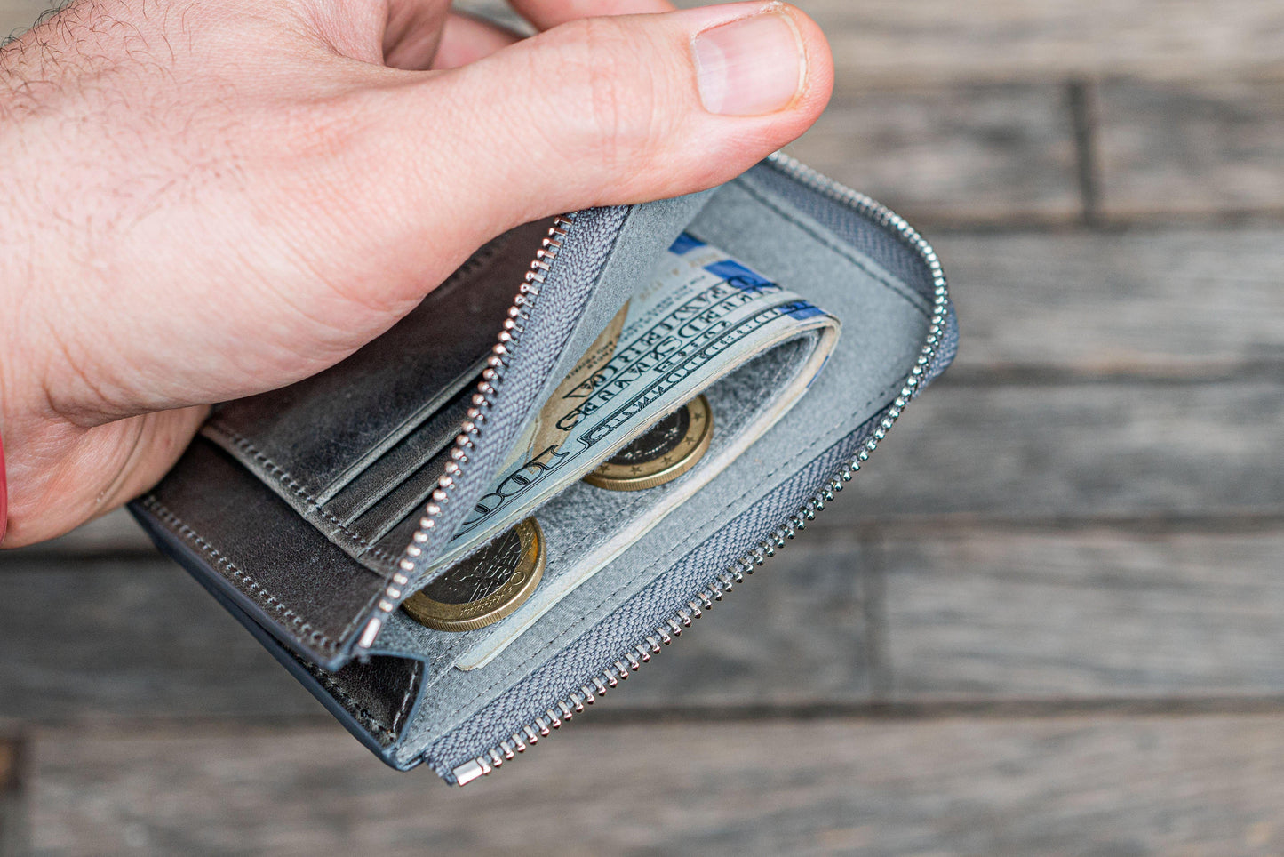 Leather Zippered Mega Mini Wallet - Crazy Horse Smoky