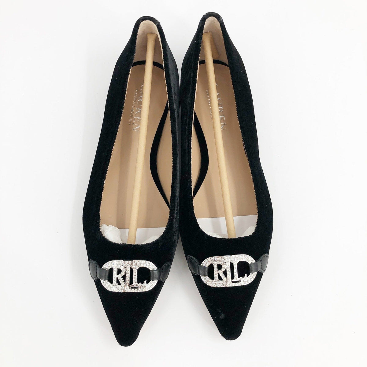 LAUREN RALPH LAUREN Lilah Velvet Ballet Flat Size 6 Black Pointed Toe Logo NWOB