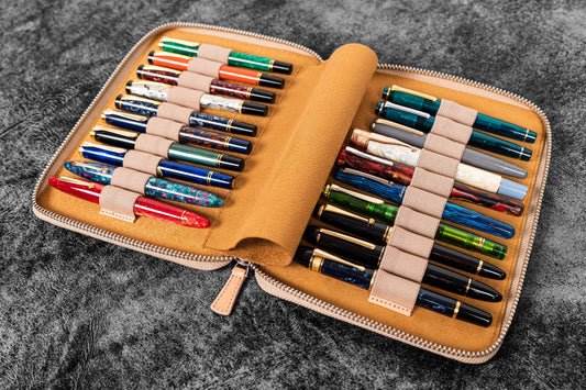 Leather Zippered 20 Slots Pen Case - Undyed Leather