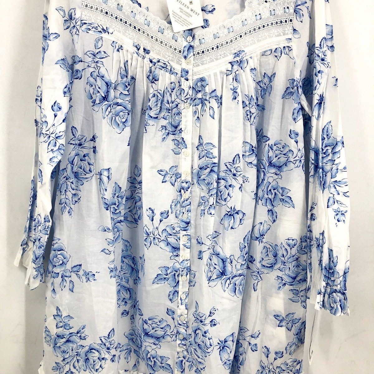 EILEEN WEST Short Nightgown Large Blue White Floral Long Sleeve Cotton Knit NWT