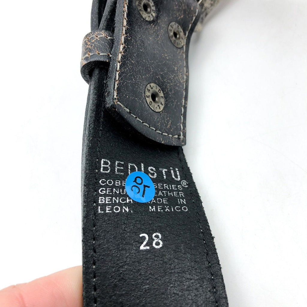 BED STU Men's Distressed Leather Meander Belt Size 28 Black Lux Metal Buckle NWT