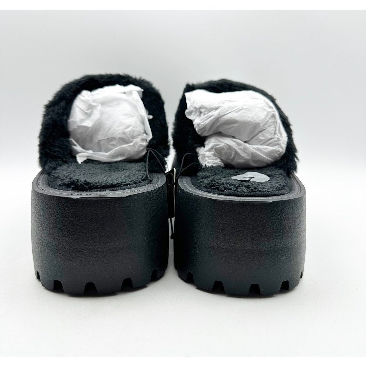 BEBE Women's Platform Slides Size 7 Black Faux Fur Collar Rhinestone Logo NWOB