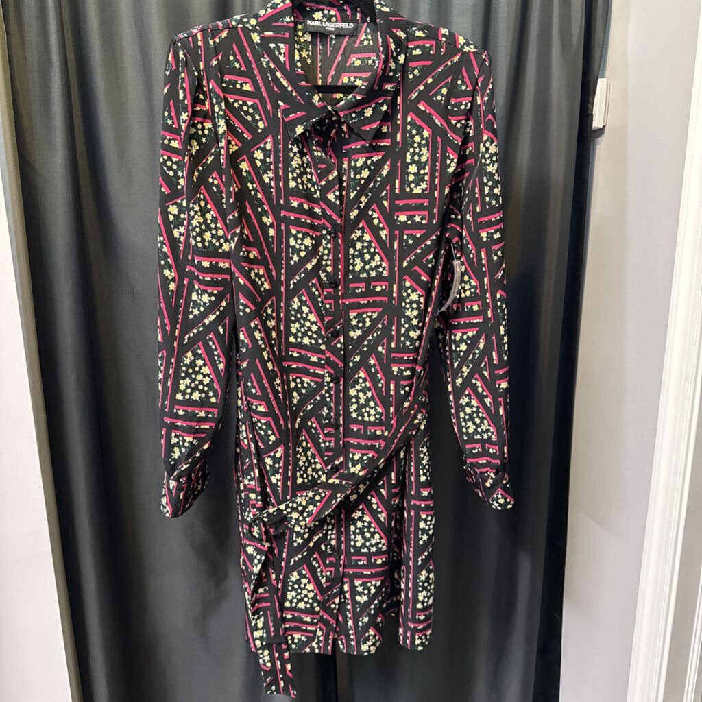 Karl Lagerfeld Geoprint Floral LS Bttn Up Tie DRESSES 14