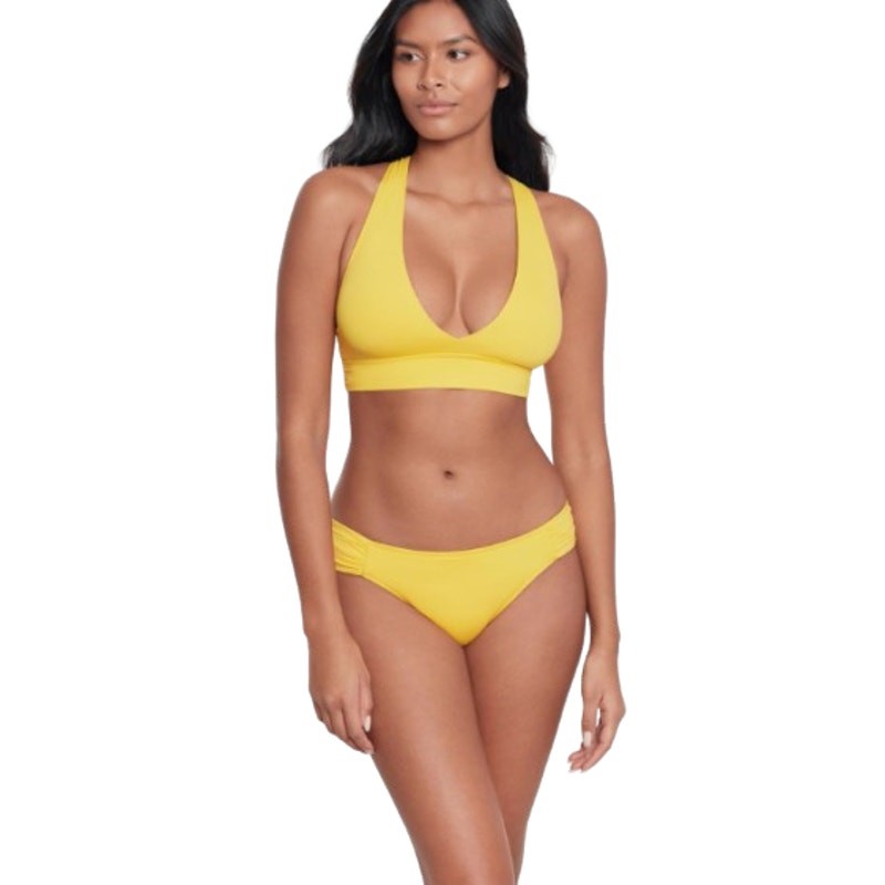 LAUREN RALPH LAUREN Shirred Hipster Bikini Bottom Size 12 Yellow Beach Club NWT