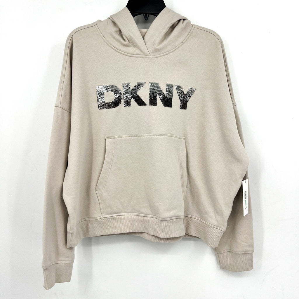 DKNY Women's Sequin Fleece Hoodie Large Taupe Tan Pullover Sweatshirt NWT