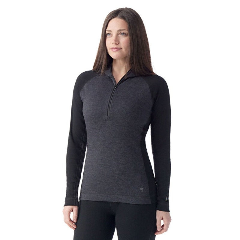 SMARTWOOL Womens Thermal Merino Base Layer 1/2 Zip Hoodie Large Black Gray NWT