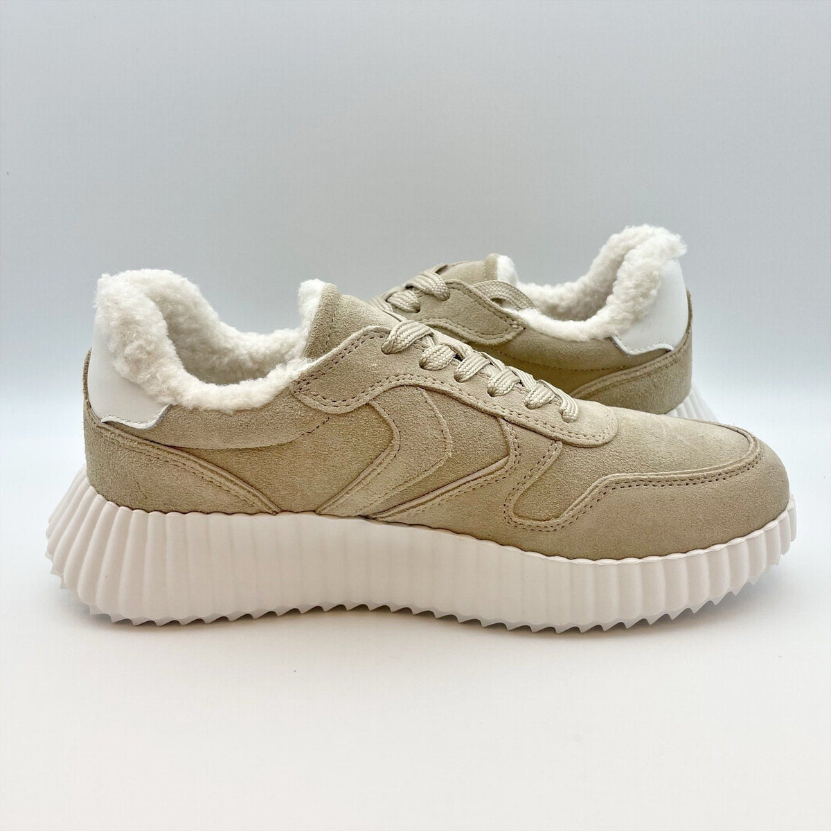Steve Madden Womens Shereen-Fur Lined Sneakers Size 8 Taupe Tan Suede NIB