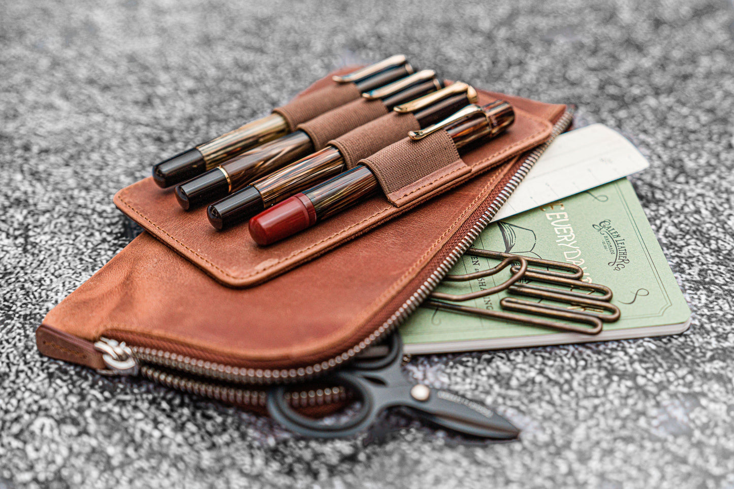 Leather Slip-N-Zip 4 Slots Zippered Pen Pouch - C.H. Tan