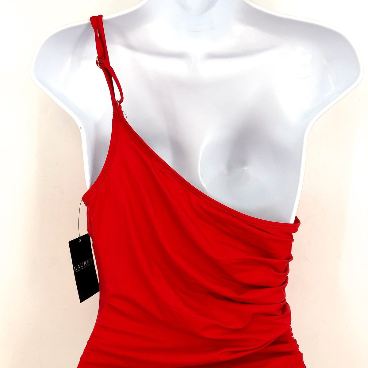 LAUREN RALPH LAUREN Double Strap One Piece Swimsuit Size 8 Red One Shoulder NWT