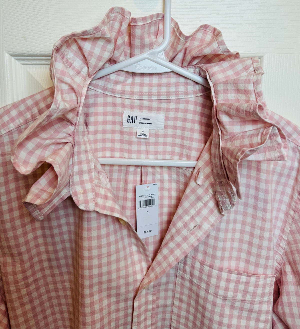 Andie - Brand New Gap Upcycled Men's shirt with Ruffle Collar Pink Gingham