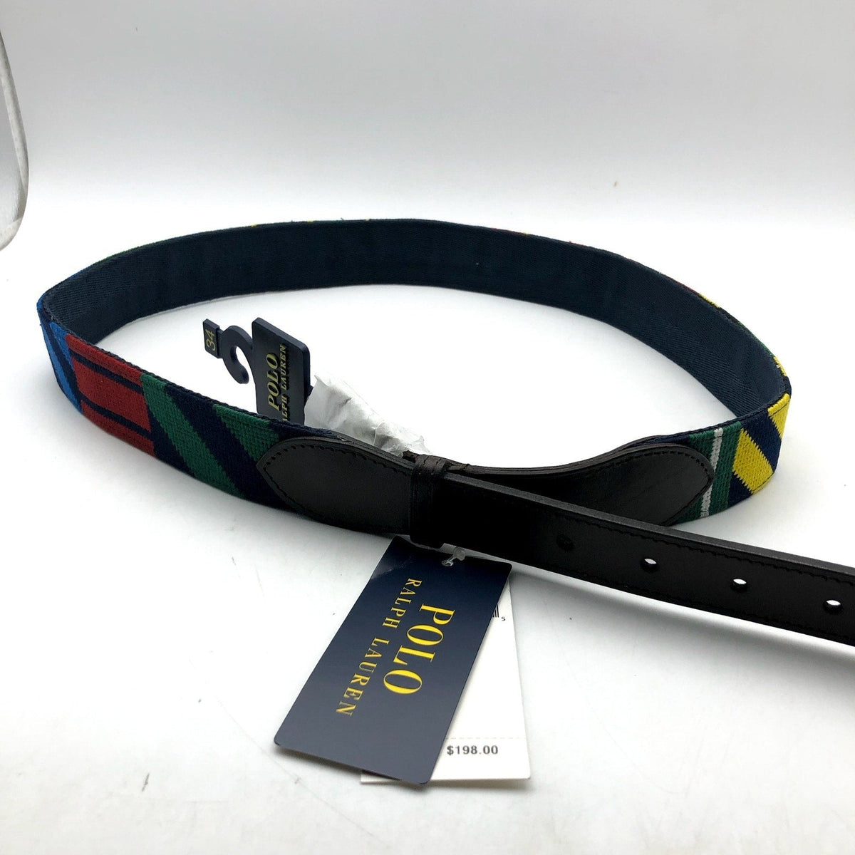 POLO RALPH LAUREN Men's Polo Bear Striped Needlepoint Belt Size 34 Multi NWT