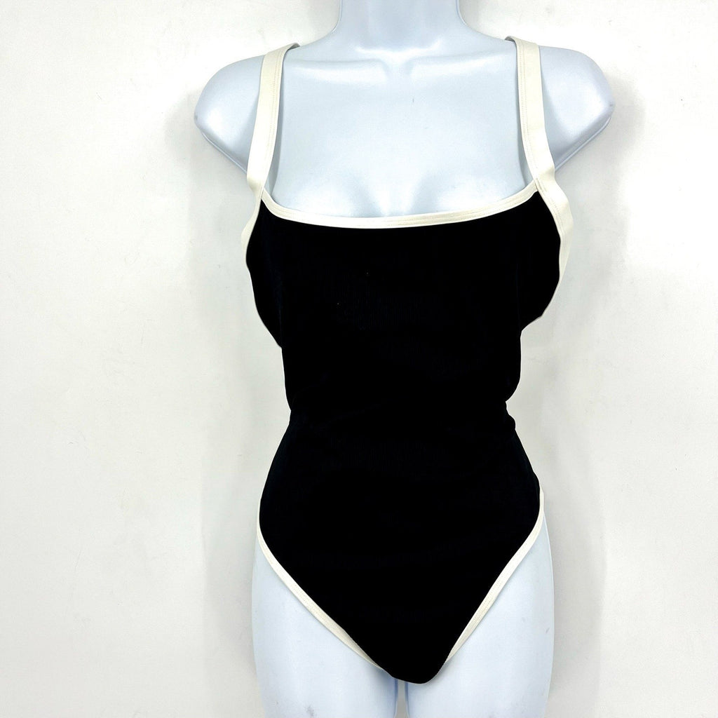 L*SPACE Women's Ribbed Baewatch One Piece Swimsuit Small Black Cream NWT