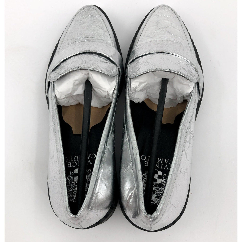 VINCE CAMUTO Womens Echika Loafer Size 8 M Silver Leather Chunky Block Heel NWOB