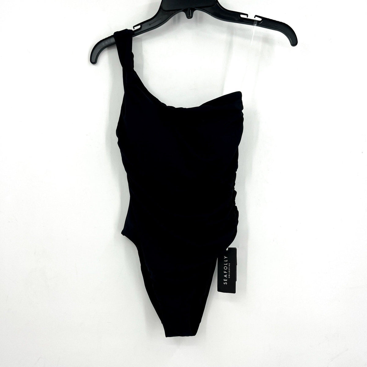 SEAFOLLY COLLECTIVE One Shoulder One Piece Swimsuit Size 2 Black Ruched NWT