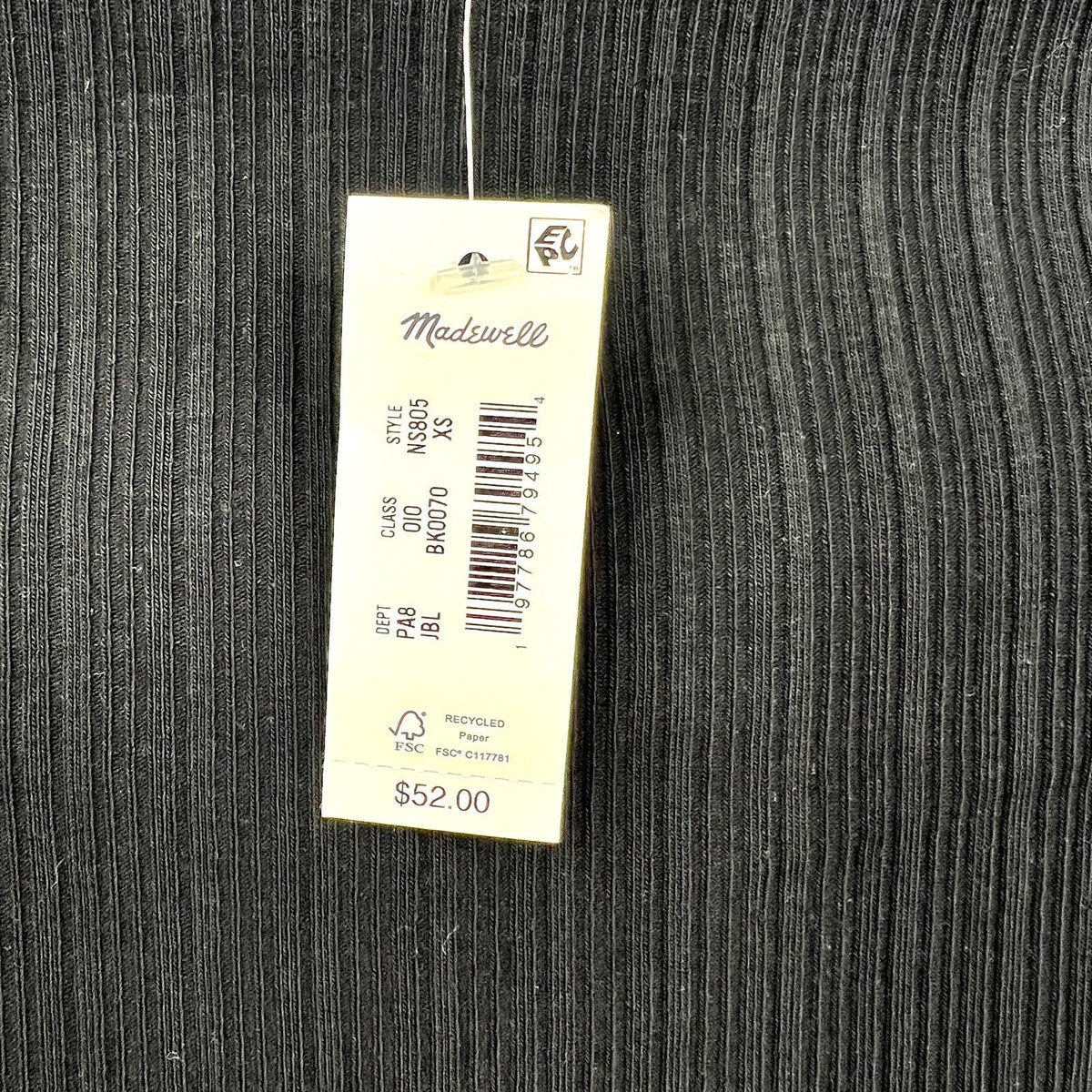 MADEWELL Women's Boat Neck Rib Top XS Jet BlackLong Sleeve NS805 NWT