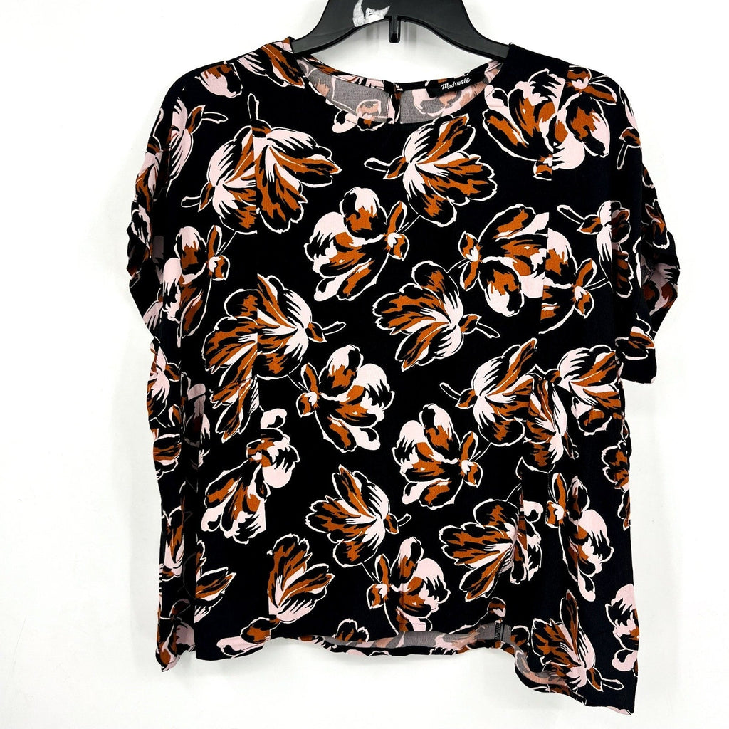 MADEWELL Womens Shirred Top Small Black Duskblossom Floral Short Sleeve NWOT