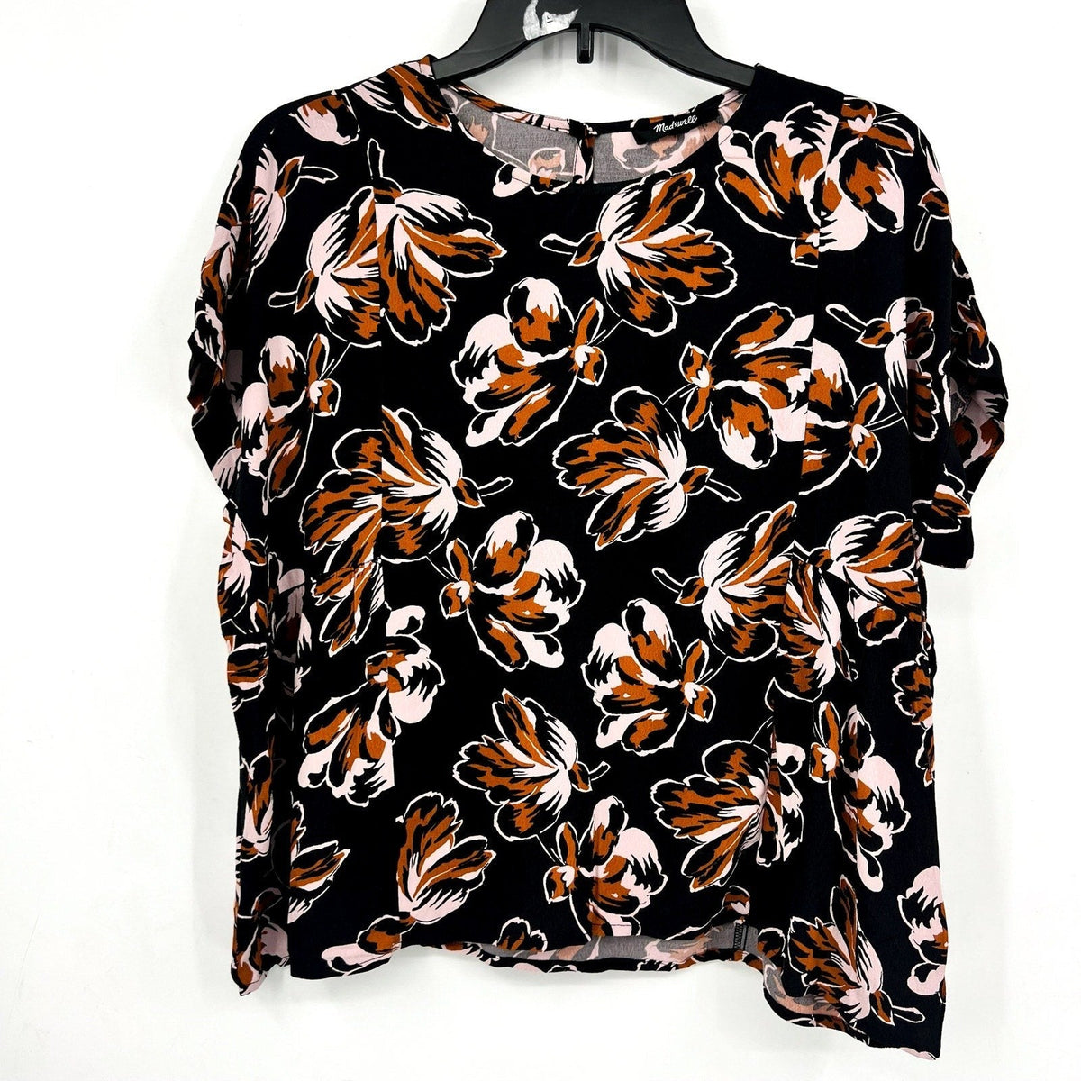MADEWELL Womens Shirred Top Small Black Duskblossom Floral Short Sleeve NWOT