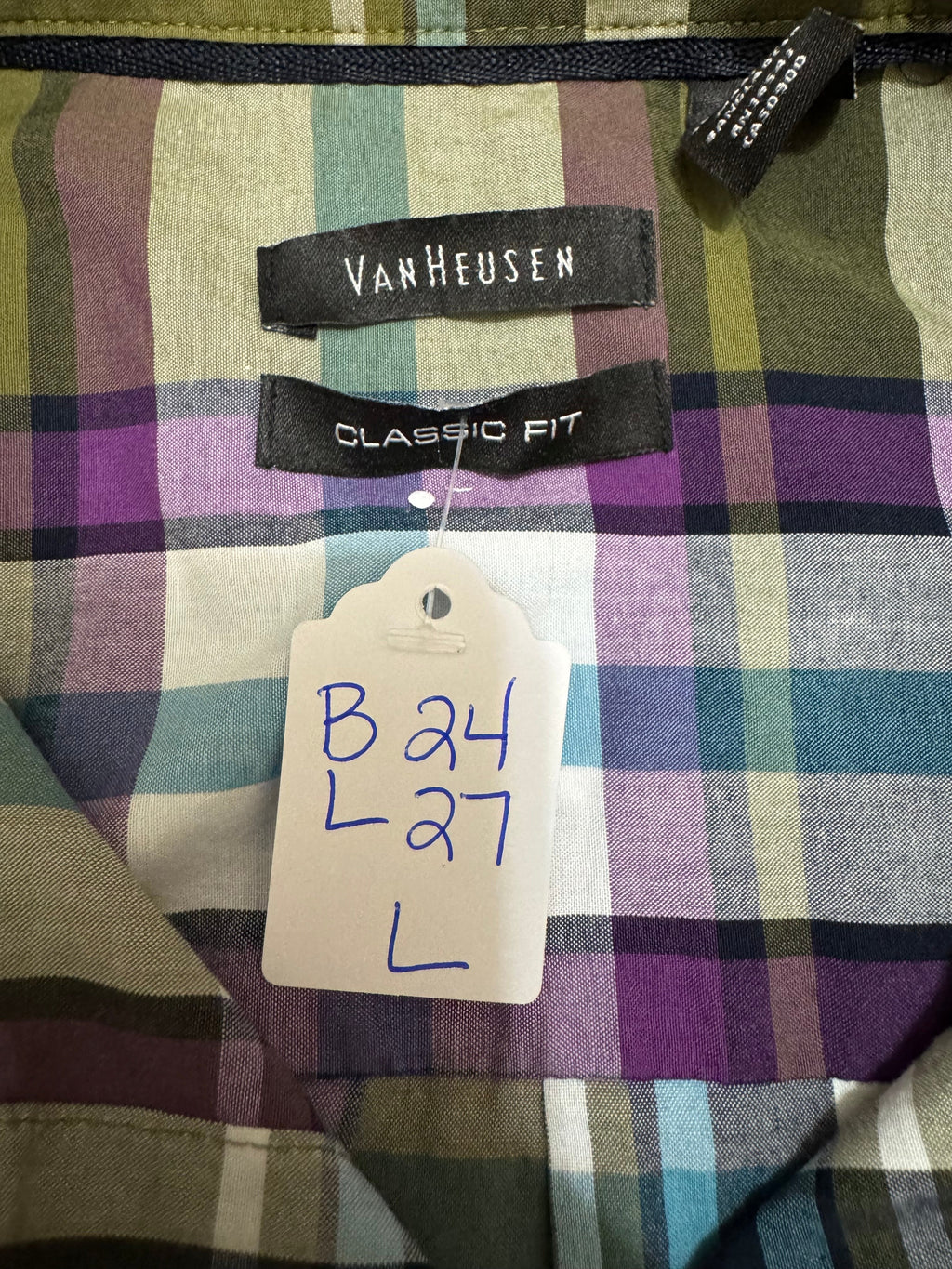 First Fall Drop - Van Heusen - Green Plaid Short Gathered Sleeves - Large