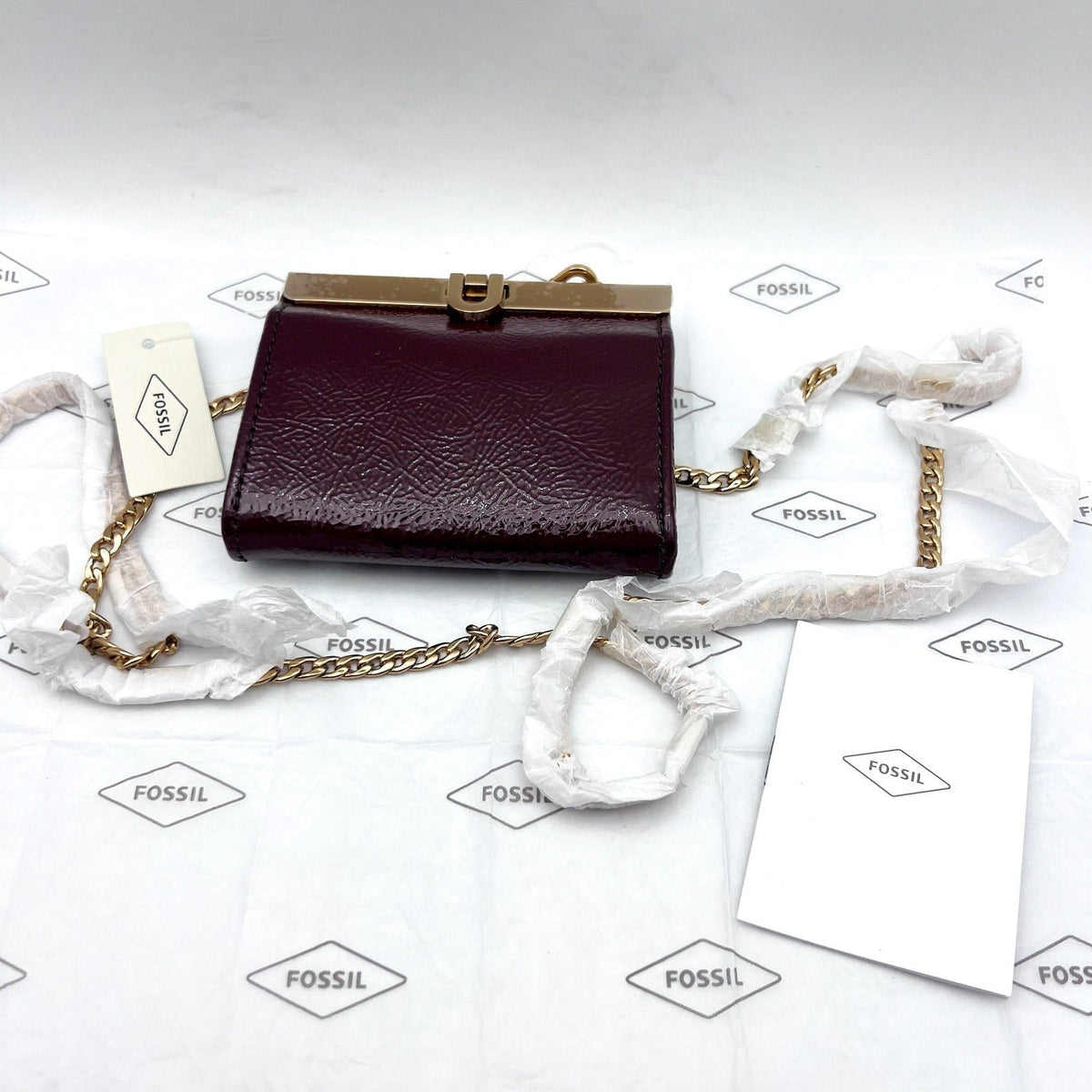 FOSSIL Penrose Wallet Crossbody Bag Small Red Mahogany Chain Strap NWT
