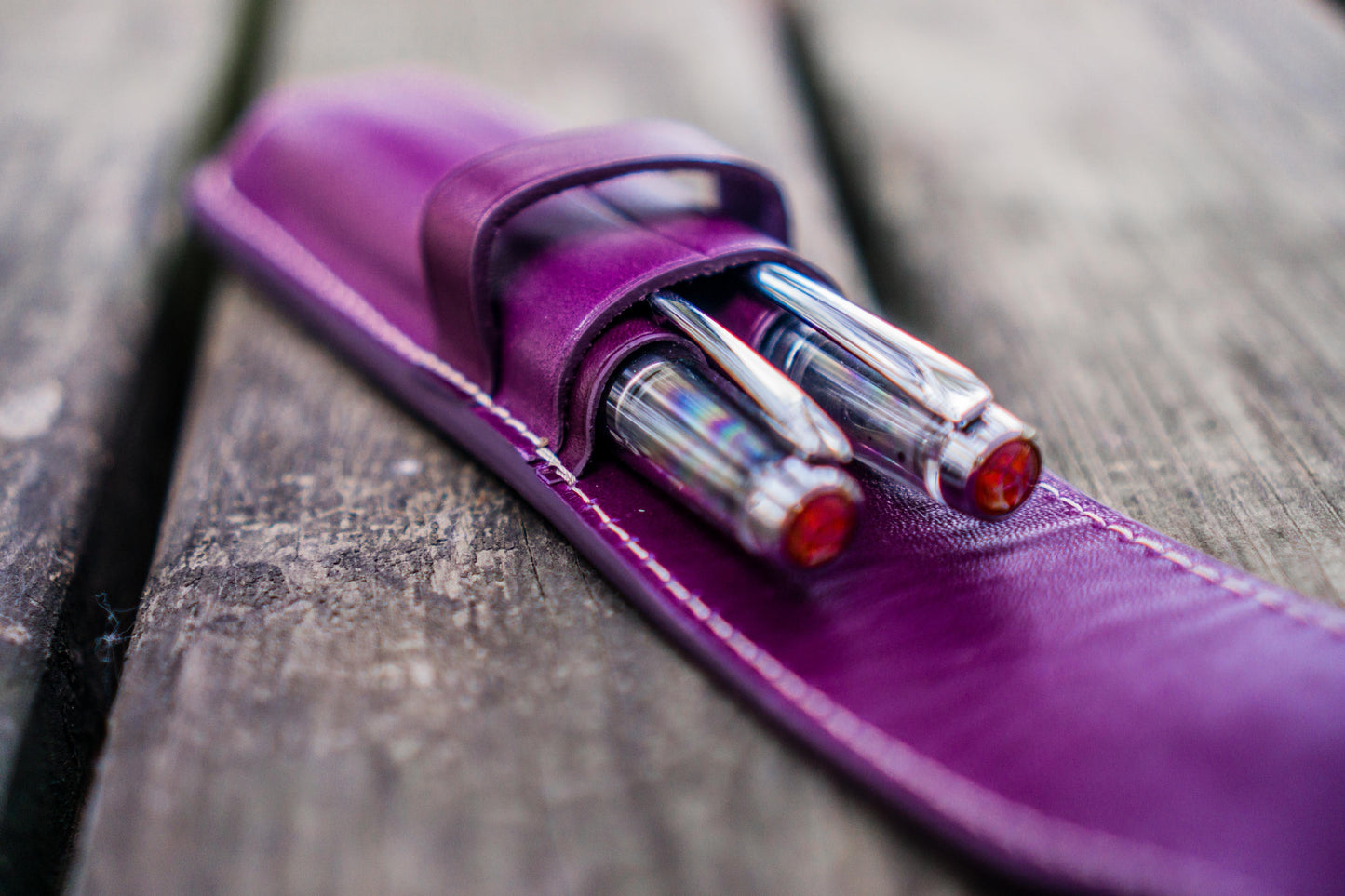 Leather Flap Pen Case for Two Pens - Purple