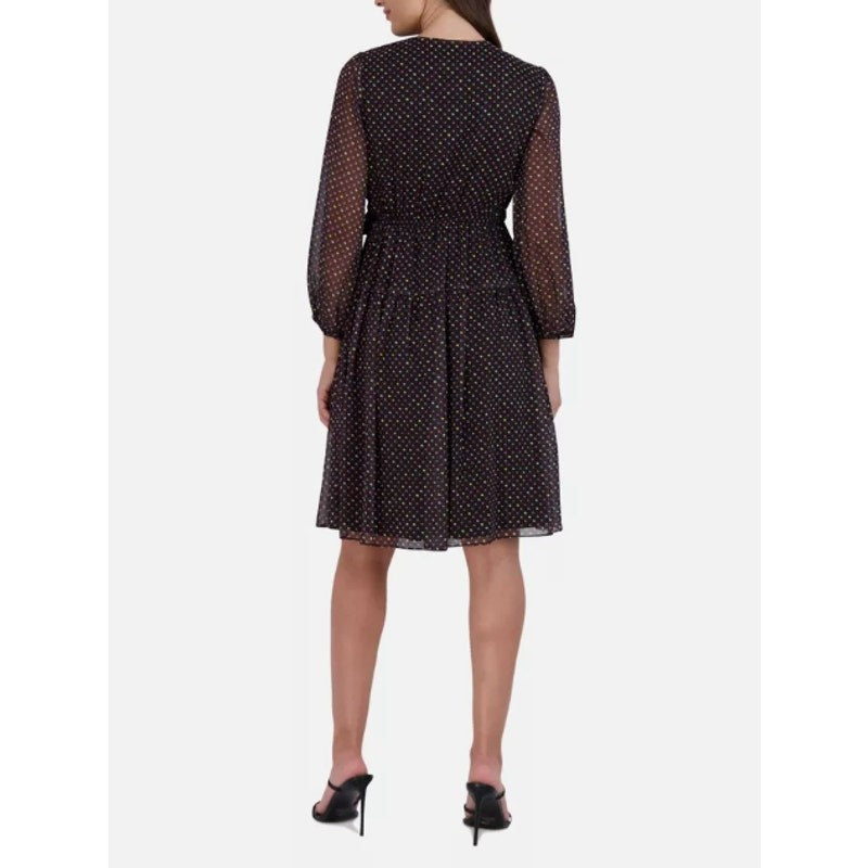 SIGNATURE BY ROBBIE BEE Faux Wrap Dress 10 Black Multi Polka Dot 3/4 Sleeve NWT