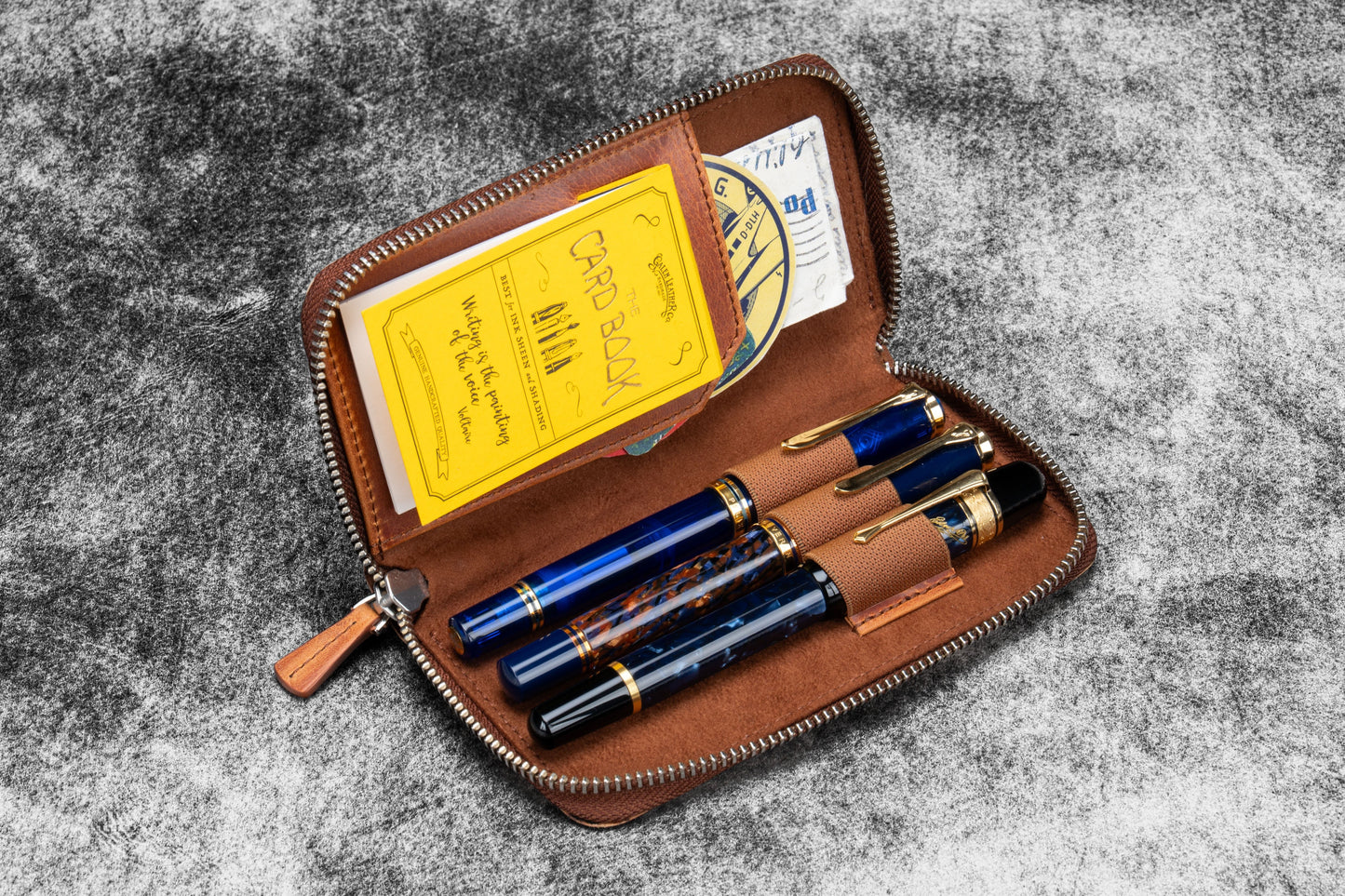 Leather Zippered 3 Slots Pen Case - C.H. Tan