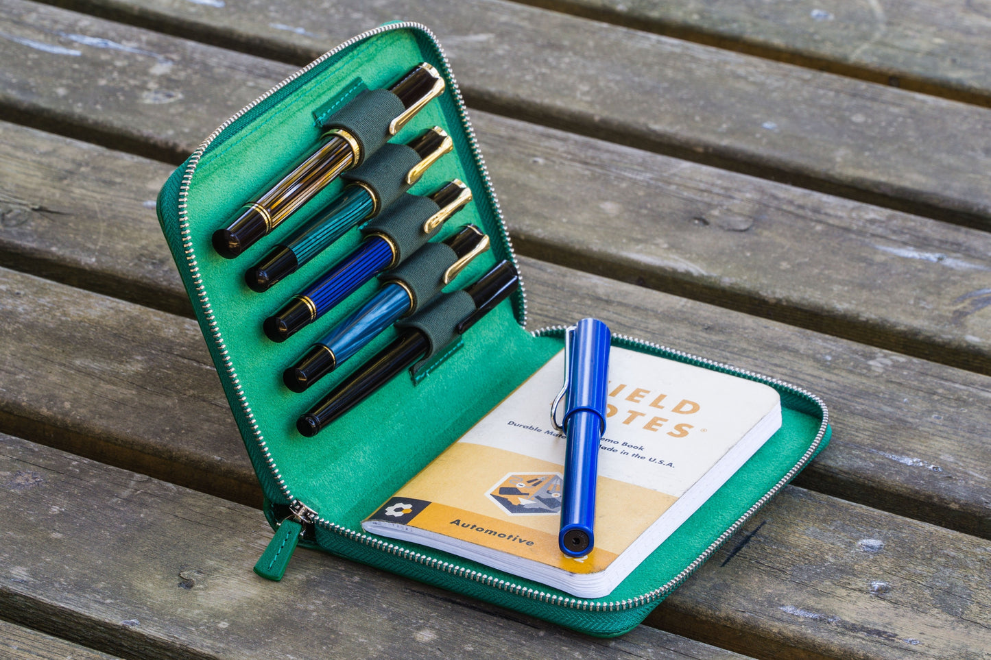 Leather Zippered 5 Slots Pen Case - Green