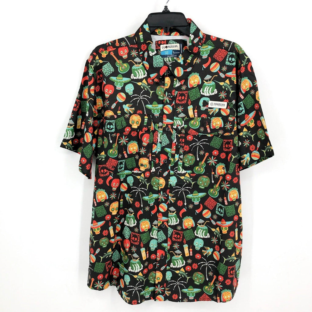 MAGELLAN Dia De Los Muertos Print Short Sleeve Fishing Shirt Small Black NWOT