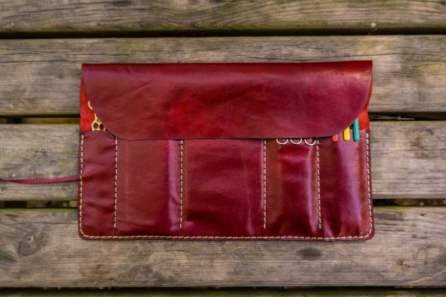 Personalized Leather Pen Roll - Red