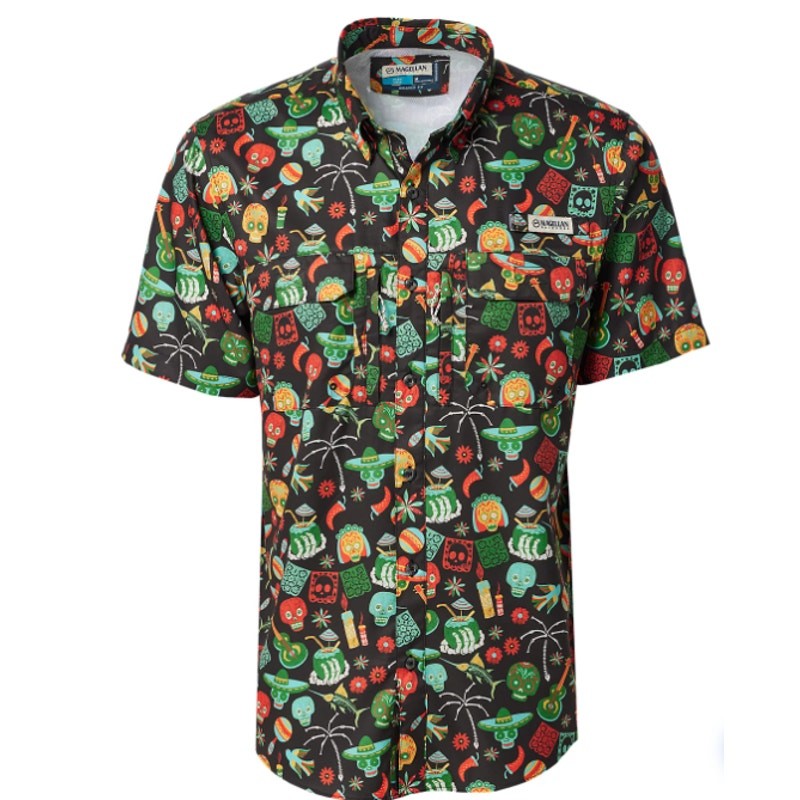 MAGELLAN Dia De Los Muertos Print Short Sleeve Fishing Shirt Small Black NWOT