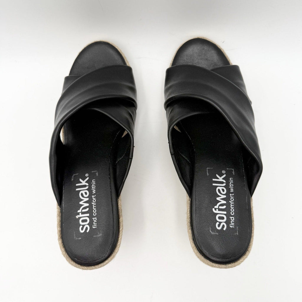 SoftWalk Womens Halsey Wedge Sandal Size 7.5 NARROW Black Leather Espadrille NIB