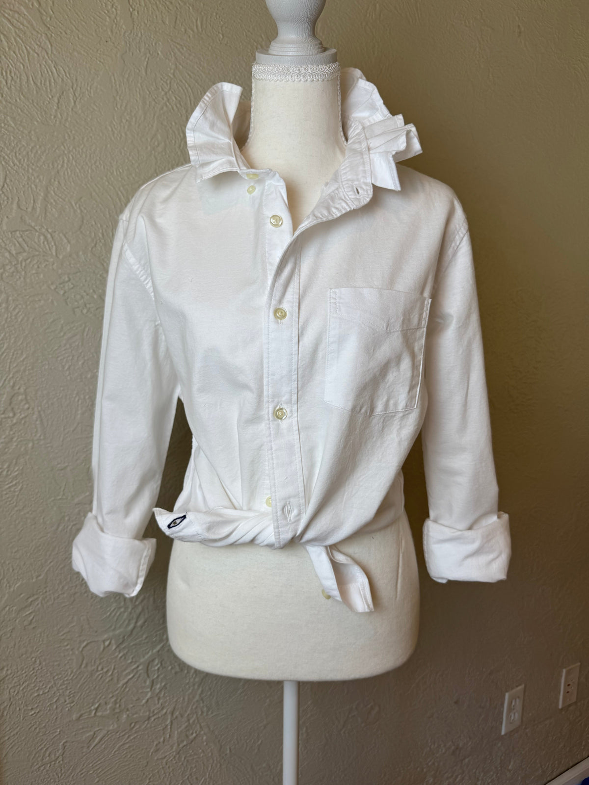 Bianca - White - Brand New Gap Upcycled Men's shirt with Ruffle Collar