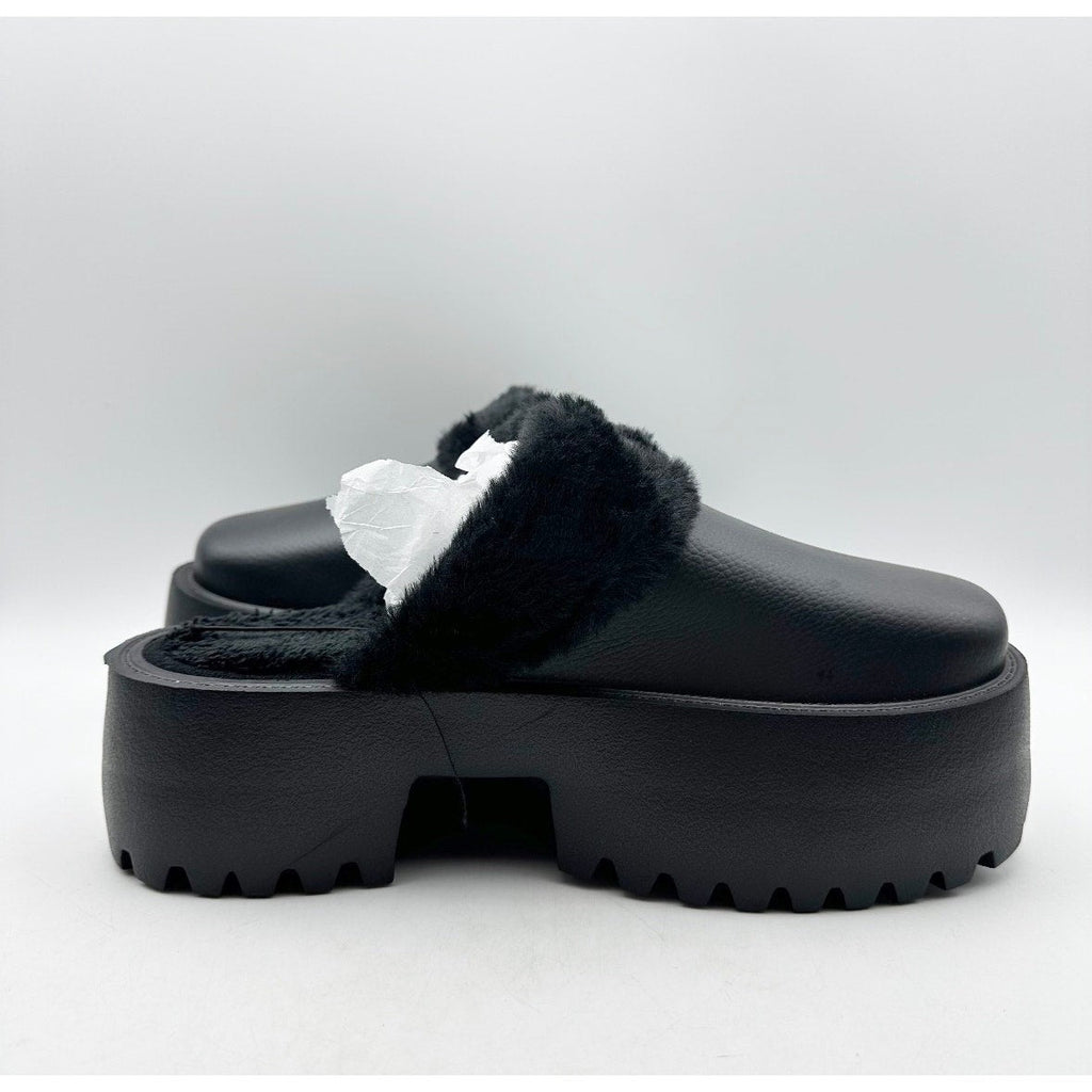 BEBE Women's Platform Slides Size 7 Black Faux Fur Collar Rhinestone Logo NWOB