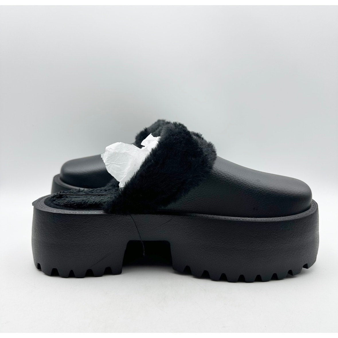 BEBE Women's Platform Slides Size 7 Black Faux Fur Collar Rhinestone Logo NWOB