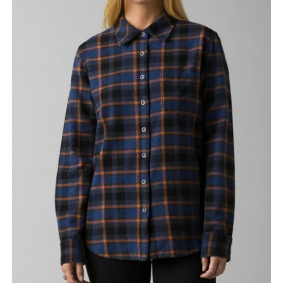 PRANA Women's Golden Canyon Flannel Shirt Large Rich Sapphire Plaid NWT
